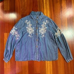 Floral Embroidered Denim Shirt, M